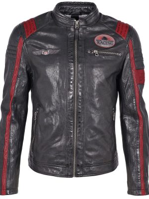 Cuir Blouson Agneau Motard Bande Contraste Noir Fonce