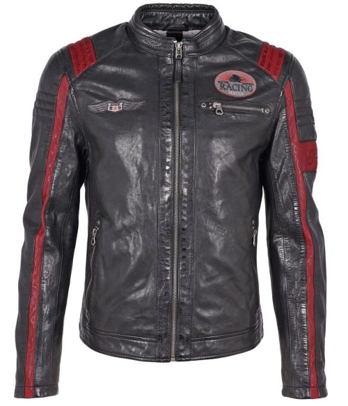 Cuir Blouson Agneau Motard Bande Contraste Noir Fonce