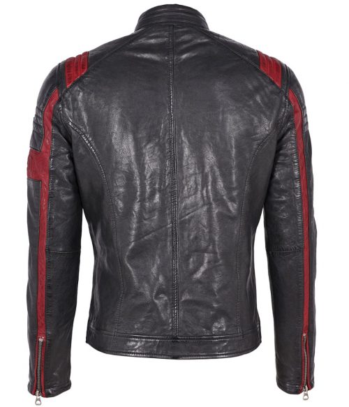 Cuir Blouson Agneau Motard Bande Contraste Noir Fonce – Image 2