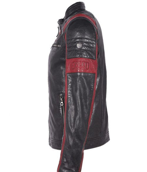 Cuir Blouson Agneau Motard Bande Contraste Noir Fonce – Image 3