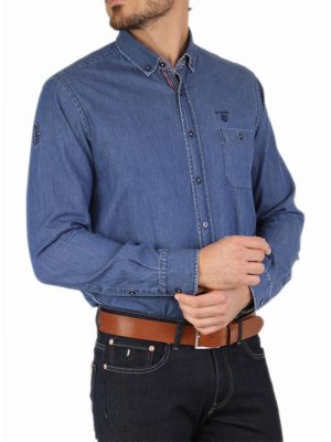 Chemise Manches Longues Sport Chambray Bleu Moyen