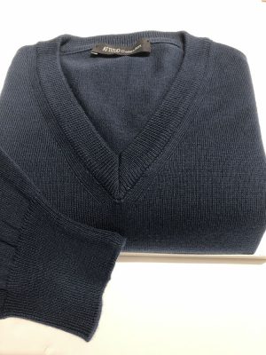 Pull Col V Coton V Uni Bleu Fonce