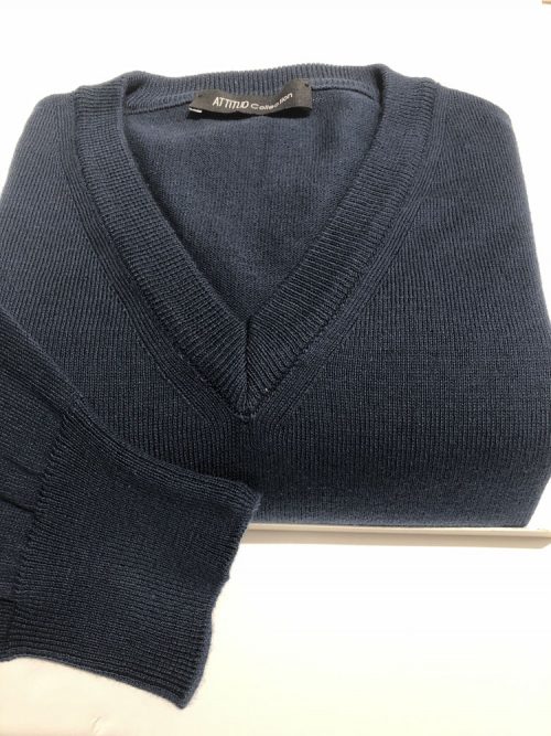 Pull Col V Coton V Uni Bleu Fonce