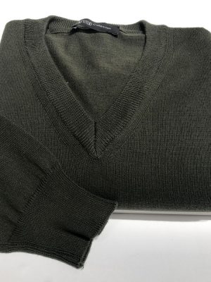 Pull Col V Coton V Uni Kaki Fonce