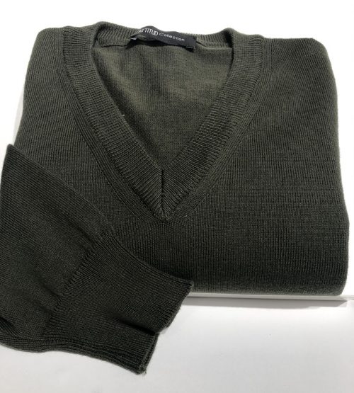 Pull Col V Coton V Uni Kaki Fonce