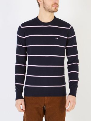 Pull Col Rond Fine Rayure Rose Bleu Fonce