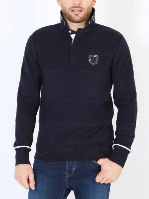 Pull Col Cheminee Col Polo Ecusson Bleu Fonce