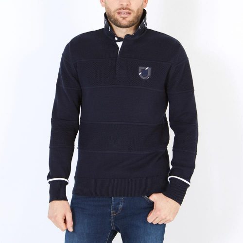 Pull Col Cheminee Col Polo Ecusson Bleu Fonce
