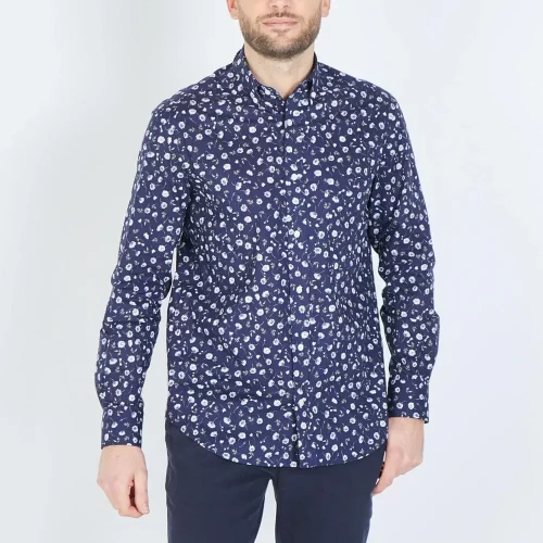 Chemise Manches Longues Sport Imp Fleurs Marine Bleu Fonce