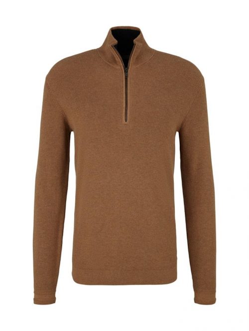 Pull Col Cheminee Cote Anglaise 1/2 Zip Beige Moyen