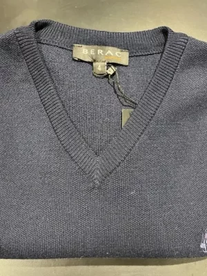 Pull Col V Maille Piquee Bleu Fonce