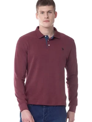 Polo Manches Longues Contraste Chambray + Coudieres Rouge Fonce