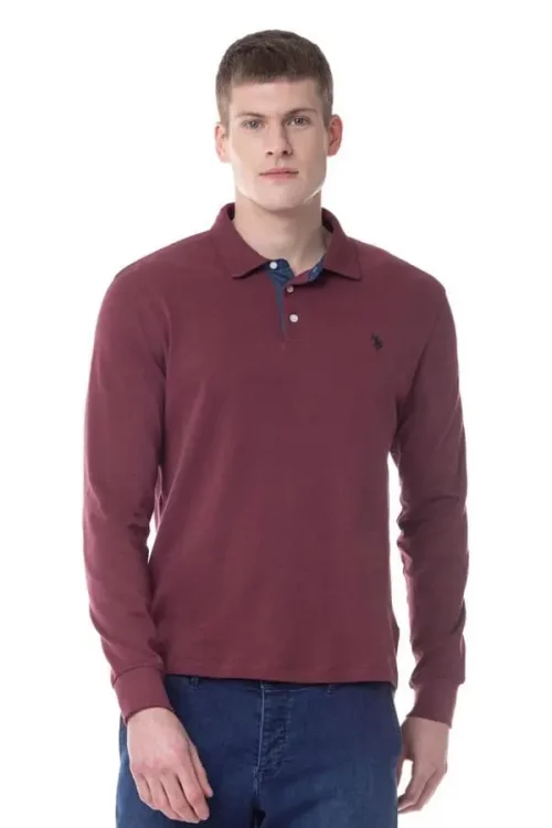Polo Manches Longues Contraste Chambray + Coudieres Rouge Fonce