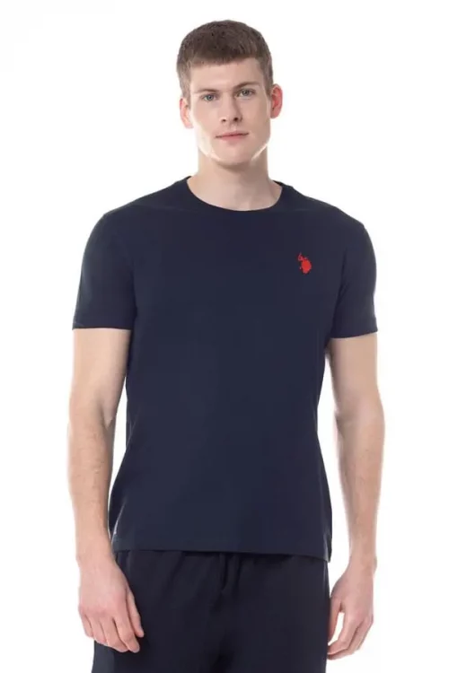 T-shirt Manches Courtes Uni Logo Poitrine Bleu Fonce