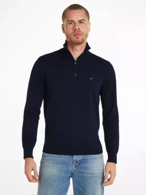 Pull Col Cheminee 1/2 Zip Jersey Bleu Fonce