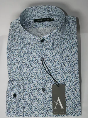 Chemise Manches Longues Ville Imp Feuilles Modern Bleu Moyen