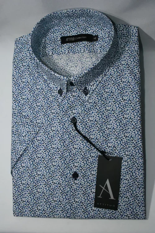 Chemise Manches Courtes Ville Imp Feuilles Modern Bleu Moyen