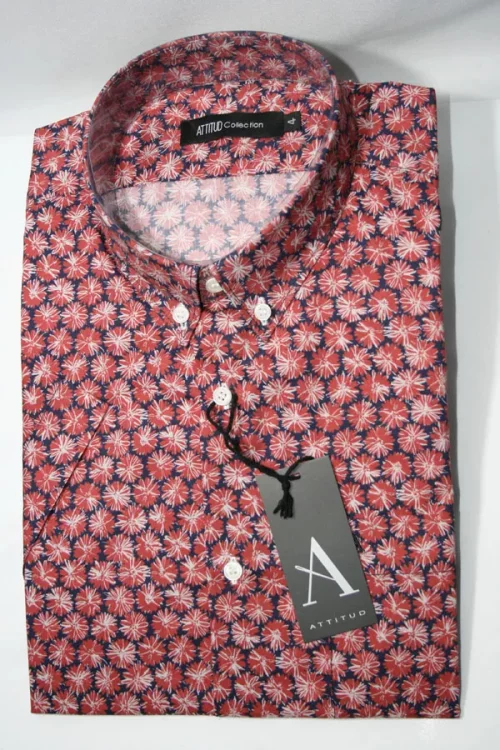 Chemise Manches Courtes Ville Imp Fleurs Modern Rouge Moyen