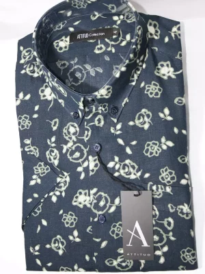 Chemise Manches Courtes Ville Lin Imp Fleurs Modern Bleu Fonce