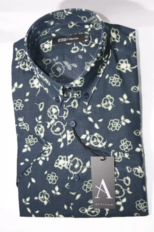 Chemise Manches Courtes Ville Lin Imp Fleurs Modern Bleu Fonce