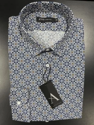 Chemise Manches Longues Ville Imp Arabesques Bleu Fonce