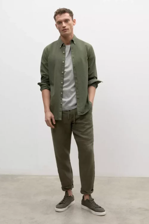 Chemise Manches Longues Sport Gabardine Kaki Fonce