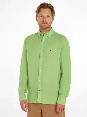 Chemise Manches Longues Sport Lin Uni Vert Moyen