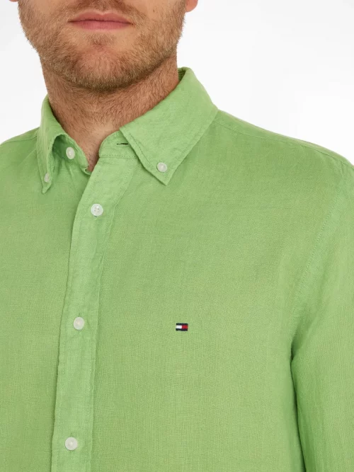 Chemise Manches Longues Sport Lin Uni Vert Moyen – Image 3