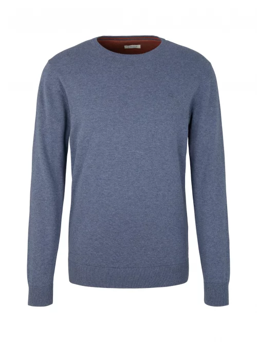 Pull Col Rond Tr - Coton Uni Bleu Moyen