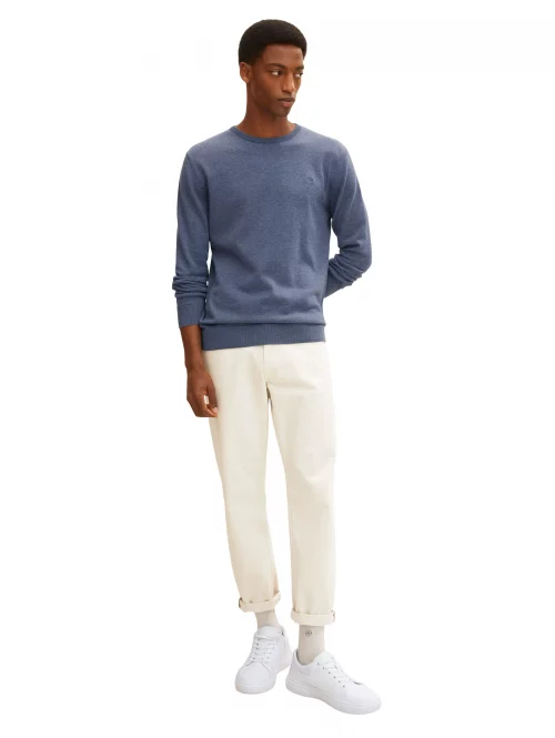 Pull Col Rond Tr - Coton Uni Bleu Moyen – Image 2