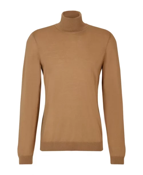 Pull Col Roule Merinos Roule Uni Beige Moyen
