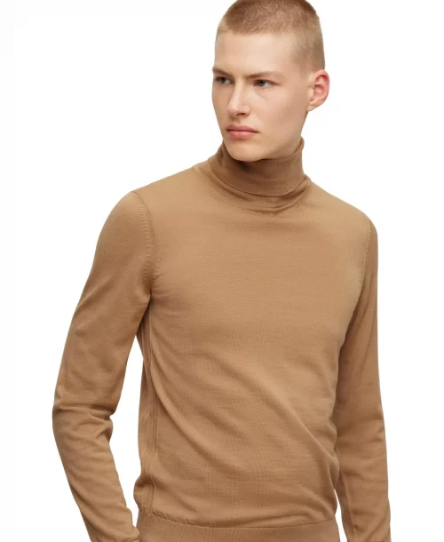 Pull Col Roule Merinos Roule Uni Beige Moyen – Image 2