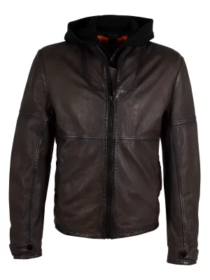 Cuir Blouson Agneau Capuche Molleton Kaki Fonce