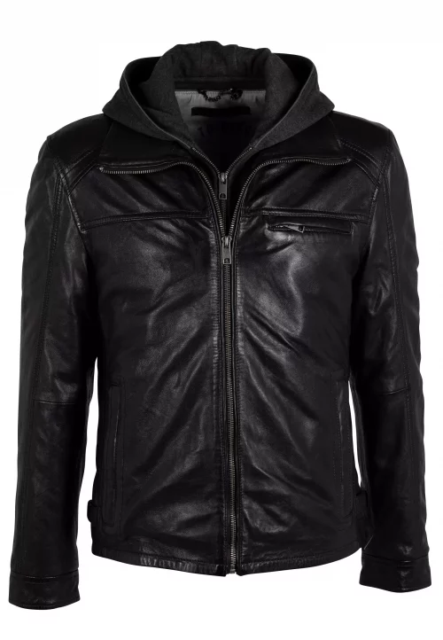 Cuir Blouson Agneau Capuche Molleton Noir Fonce