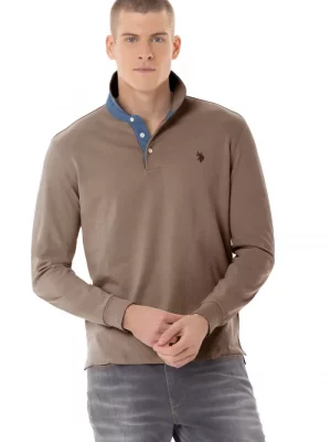 Polo Manches Longues Contraste Chambray + Coudieres Beige Moyen