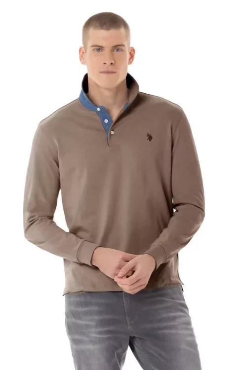 Polo Manches Longues Contraste Chambray + Coudieres Beige Moyen