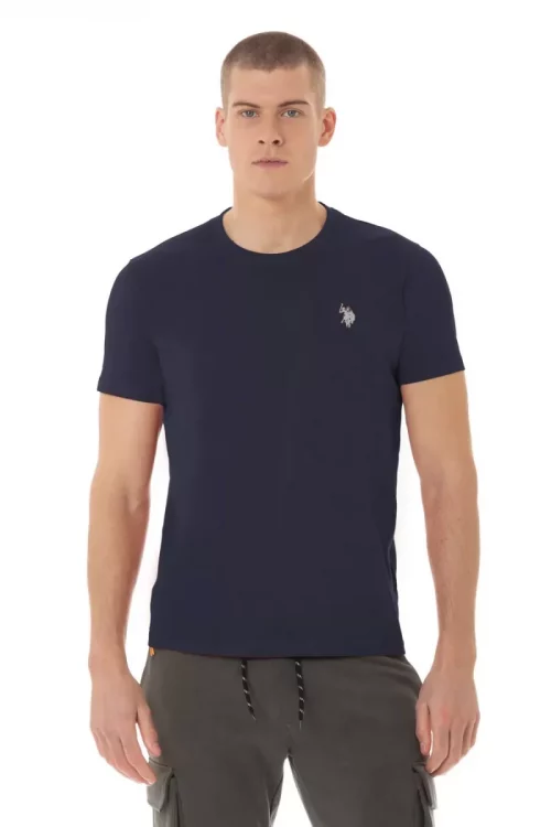 T-shirt Manches Courtes Uni Logo Poitrine Bleu Fonce