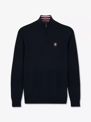 Pull Col Cheminee Bande Nid Abeille 1/2 Zip Bleu Fonce