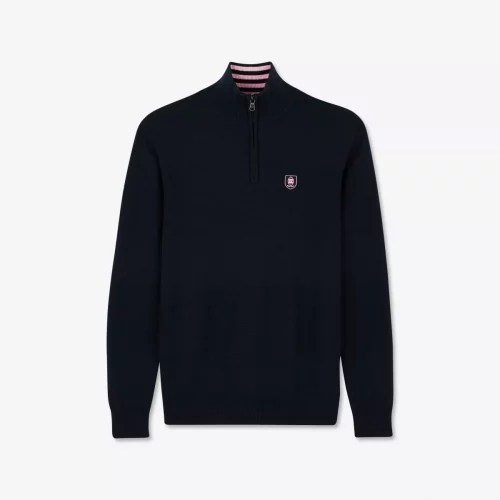 Pull Col Cheminee Bande Nid Abeille 1/2 Zip Bleu Fonce