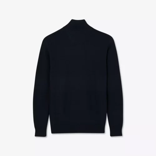 Pull Col Cheminee Bande Nid Abeille 1/2 Zip Bleu Fonce – Image 2