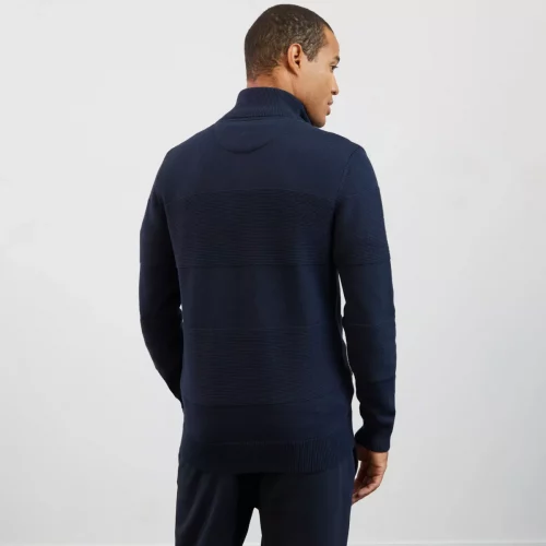 Pull Col Cheminee Bande Nid Abeille 1/2 Zip Bleu Fonce – Image 3