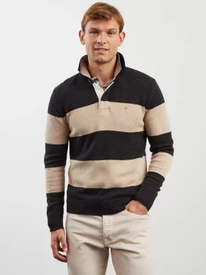 Pull Col Cheminee Bicolore 1/2 Zip Gris Moyen