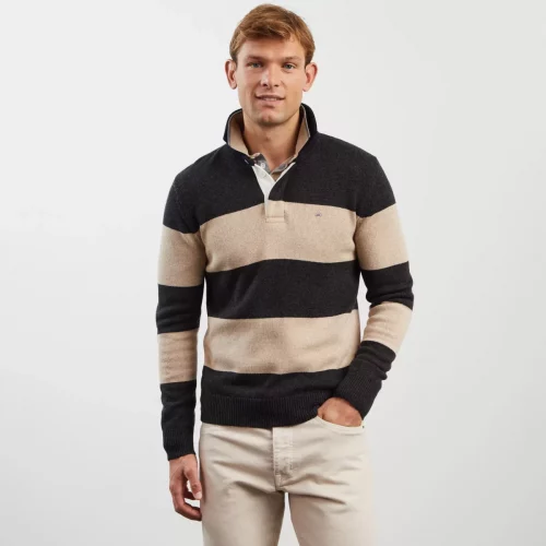 Pull Col Cheminee Bicolore 1/2 Zip Gris Moyen