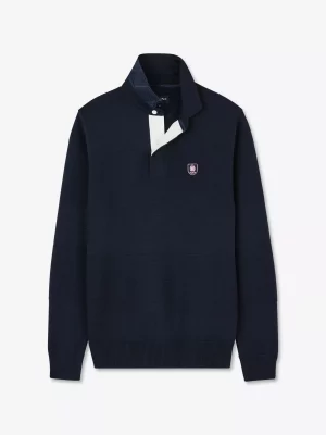 Pull Col Cheminee Col Polo Bande Nid Abeille Bleu Fonce