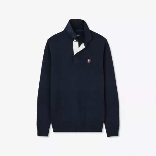Pull Col Cheminee Col Polo Bande Nid Abeille Bleu Fonce