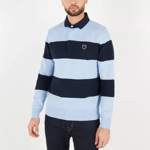 Pull Col Cheminee Col Polo Bicolore Bleu Clair