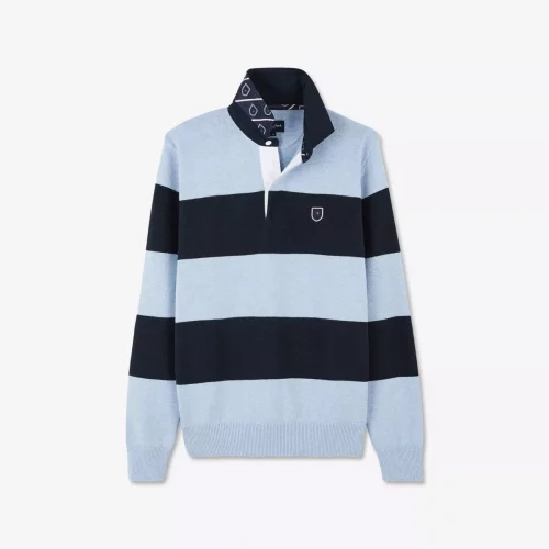 Pull Col Cheminee Col Polo Bicolore Bleu Clair – Image 3