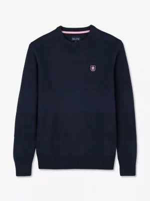 Pull Col Rond Bande Nid Abeille Bleu Fonce