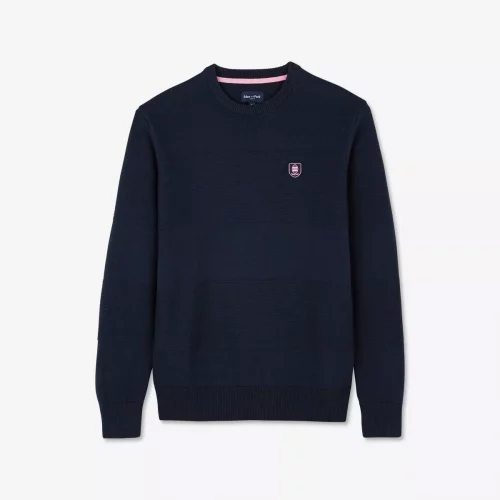 Pull Col Rond Bande Nid Abeille Bleu Fonce