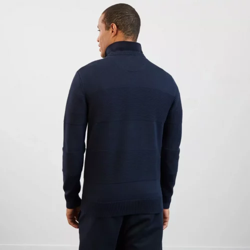 Pull Col Rond Bande Nid Abeille Bleu Fonce – Image 4